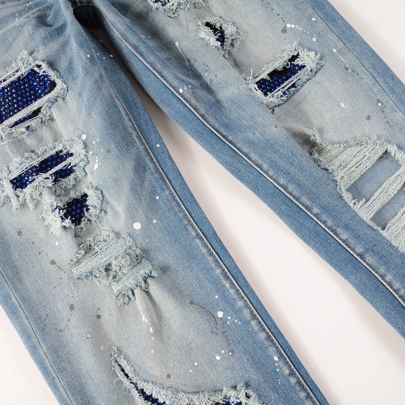 Hot Diamond Speckle Paint Elastic Slim Fit Light Jeans For Men Hot Diamond Speckle Paint Elastic Slim Fit Light Jeans For Men