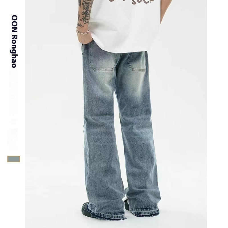 Blue Washed Distressed Summer Style American Style Draping Mopping Floor Wide Leg Trousers Blue Washed Distressed Summer Style American Style Draping Mopping Floor Wide Leg Trousers