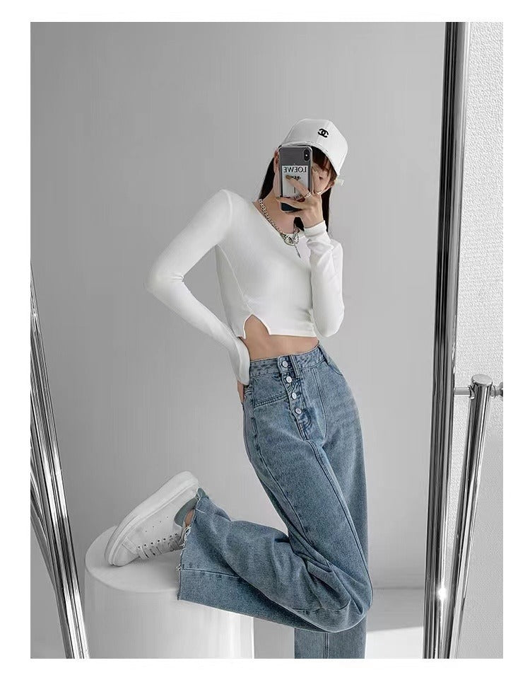 Irregular Breasted High Waist Jeans For Women Straight-leg Trousers Irregular Breasted High Waist Jeans For Women Straight-leg Trousers