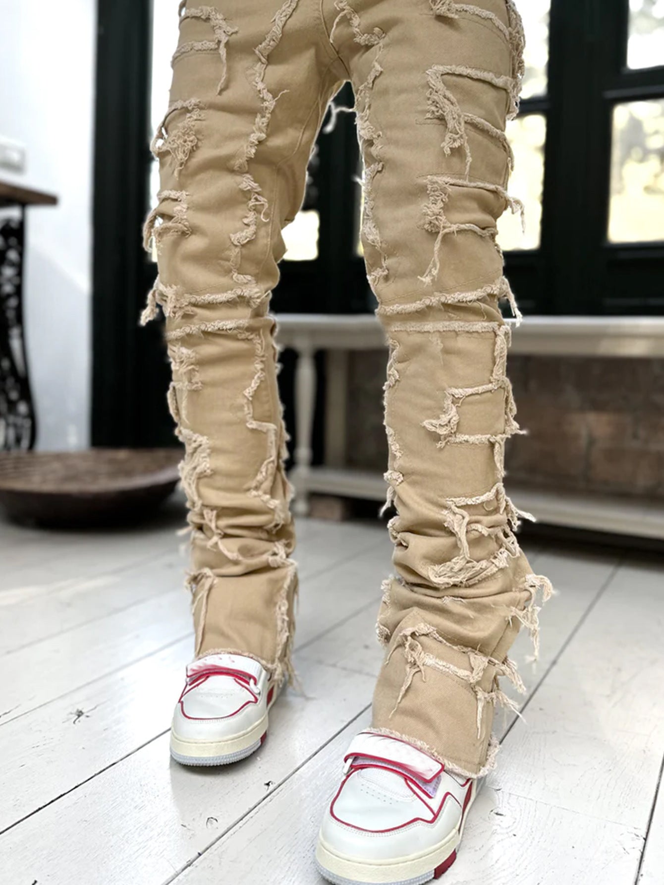 Men Trousers Individual Patched Pants Long Tight Fit Stacked Jeans For Mens Clothing Men Trousers Individual Patched Pants Long Tight Fit Stacked Jeans For Mens Clothing