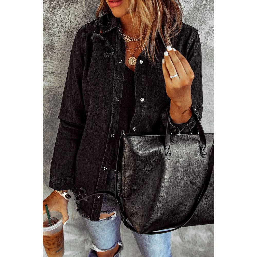 Black Ripped Shirt Denim Long Sleeve Coat Jacket Women Black Ripped Shirt Denim Long Sleeve Coat Jacket Women