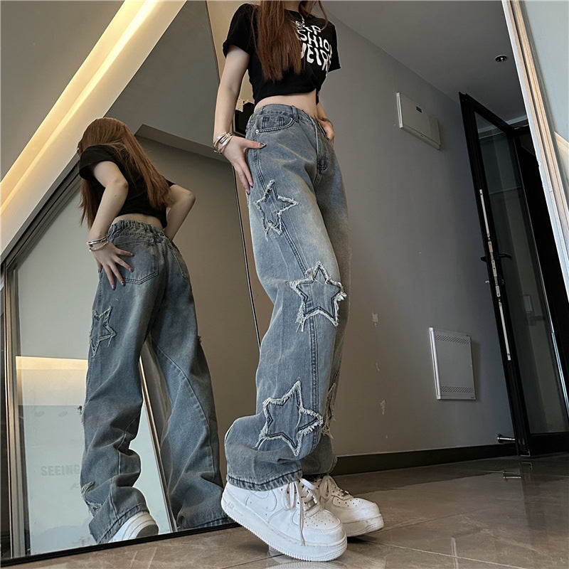Blue XINGX Embroidered Jeans Women Loose Straight-leg Wide-leg Pants Blue XINGX Embroidered Jeans Women Loose Straight-leg Wide-leg Pants