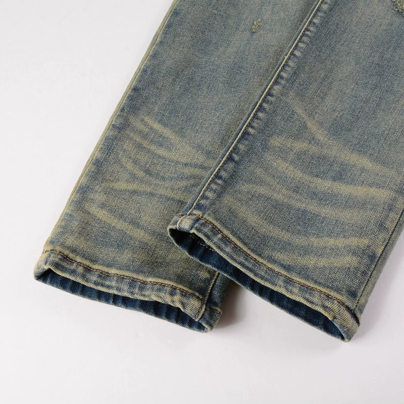 Red Printed Pleated Elastic Light Colored Jeans For Men Red Printed Pleated Elastic Light Colored Jeans For Men