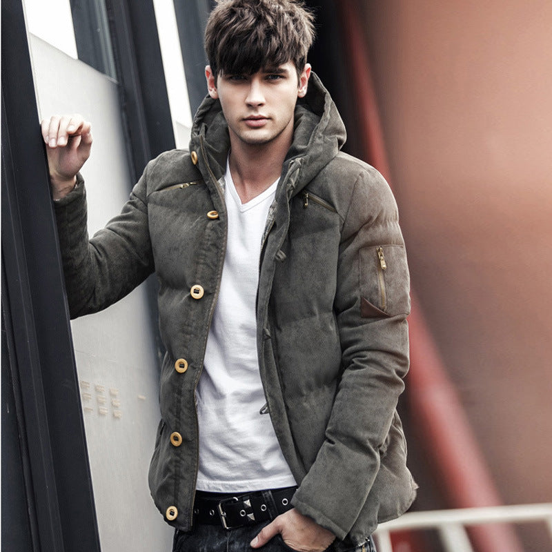 Autumn and winter men's hooded padded corduroy down cotton men's casual wild trend coat Autumn and winter men's hooded padded corduroy down cotton men's casual wild trend coat