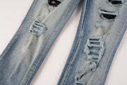 Pleated Color Matching Jeans Blue Embroidered Ripped Snakeskin Slim Fit Skinny Men Pleated Color Matching Jeans Blue Embroidered Ripped Snakeskin Slim Fit Skinny Men
