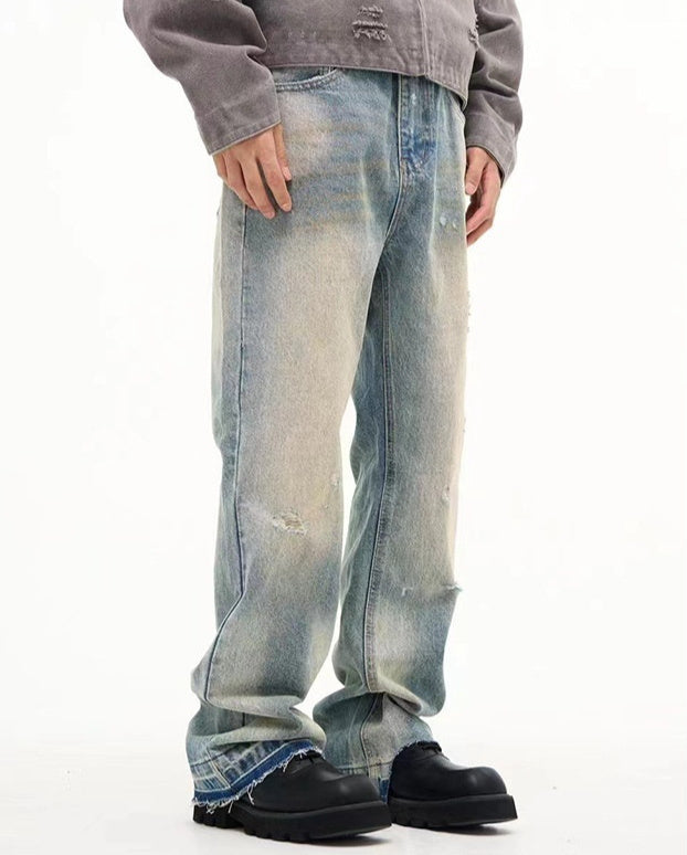 Loose Straight Leisure Washed-out Worn Jeans Men Loose Straight Leisure Washed-out Worn Jeans Men