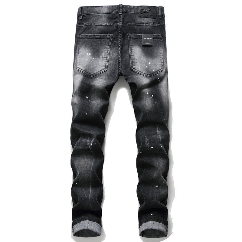 European And American Broken Paint Men's Slim Fit Hole Patch Stretch Jeans European And American Broken Paint Men's Slim Fit Hole Patch Stretch Jeans