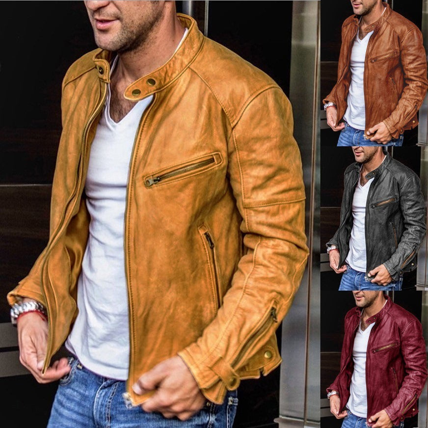 Fall Winter Men PU Leather Stand Collar Punk Fall Winter Men PU Leather Stand Collar Punk