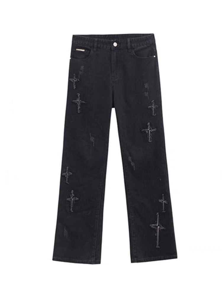 Patch Cross Star Washed American High Street Jeans Men's Loose Straight Embroidered Pants Men Patch Cross Star Washed American High Street Jeans Men's Loose Straight Embroidered Pants Men
