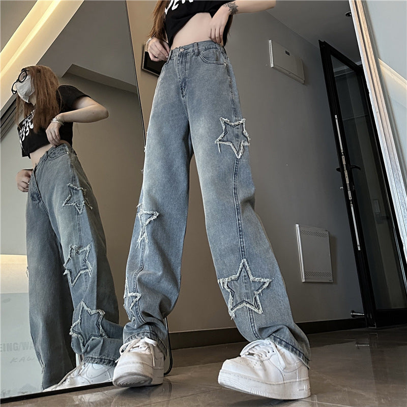 Blue XINGX Embroidered Jeans Women Loose Straight-leg Wide-leg Pants Blue XINGX Embroidered Jeans Women Loose Straight-leg Wide-leg Pants