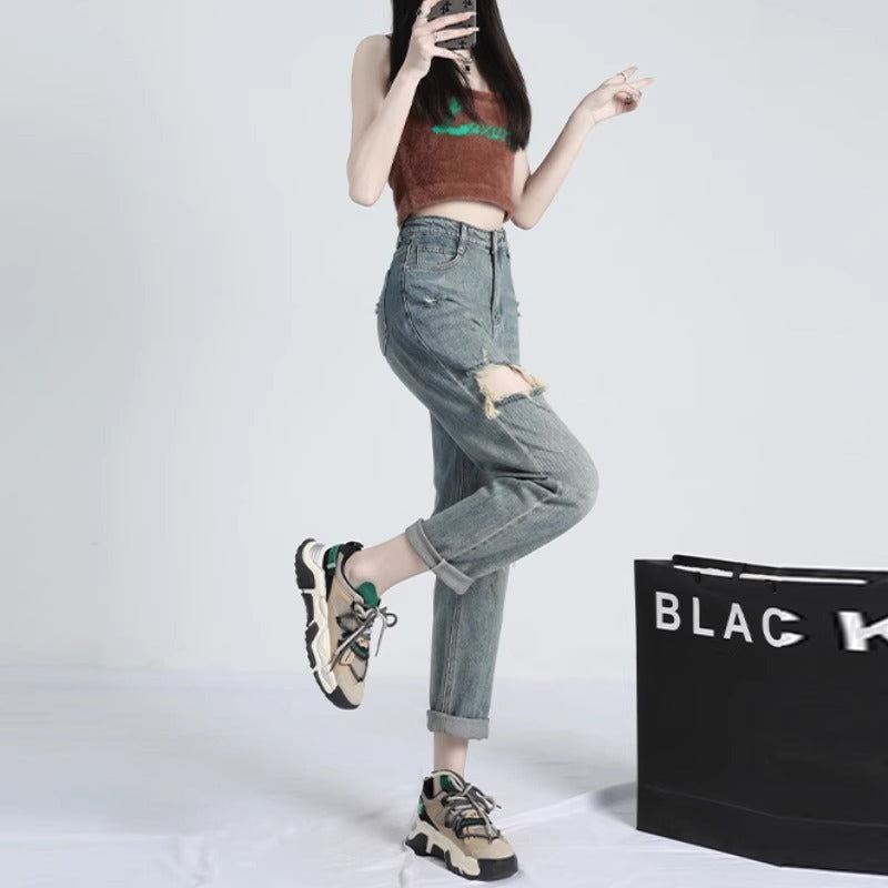 Ripped Daddy Jeans For Women Spring And Autumn 2024 New High Waist Loose Small Ripped Daddy Jeans For Women Spring And Autumn 2024 New High Waist Loose Small