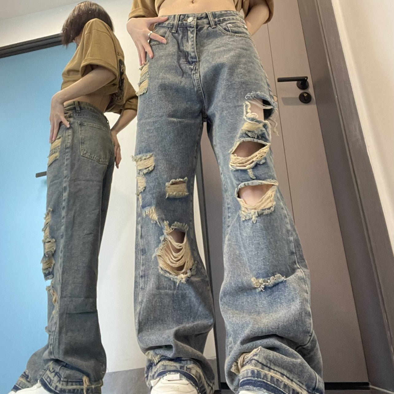 Hiphop Ripped Jeans For Women With Loose Wide Legs Hiphop Ripped Jeans For Women With Loose Wide Legs