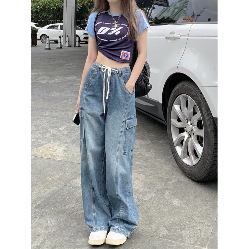 American High Street Drawstring Elastic Waist Jeans Women American High Street Drawstring Elastic Waist Jeans Women