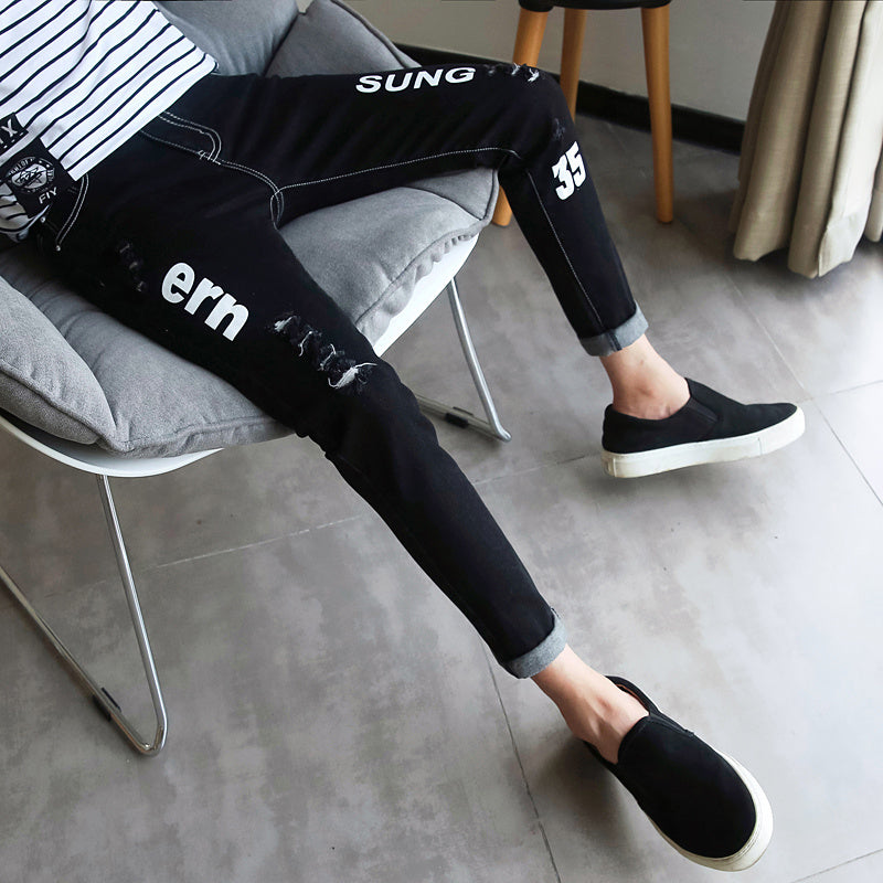 Autumn black ripped ankle jeans men Autumn black ripped ankle jeans men