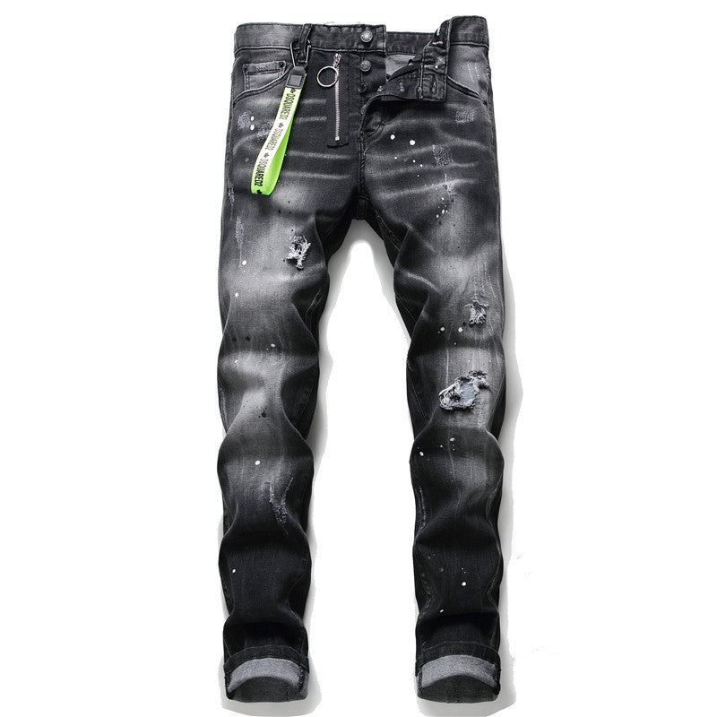 European And American Broken Paint Men's Slim Fit Hole Patch Stretch Jeans European And American Broken Paint Men's Slim Fit Hole Patch Stretch Jeans