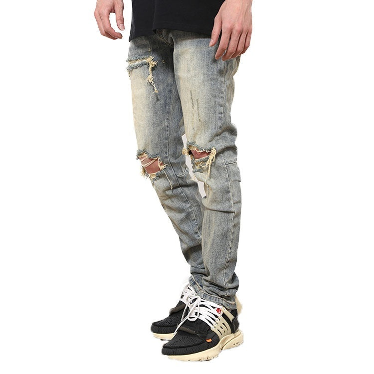 Ripped Washed Elastic Mid-waist Denim Trousers Ripped Washed Elastic Mid-waist Denim Trousers