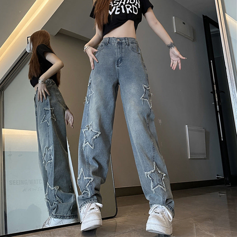 Blue XINGX Embroidered Jeans Women Loose Straight-leg Wide-leg Pants Blue XINGX Embroidered Jeans Women Loose Straight-leg Wide-leg Pants
