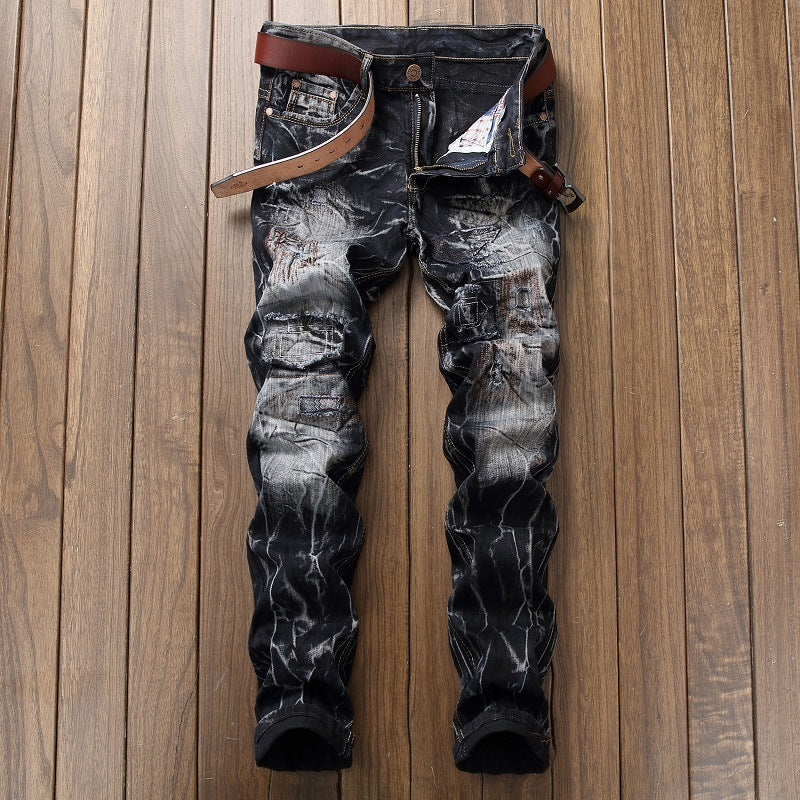 Distressed Slim Fit Straight-leg Denim Men's Broken Holes Pants Distressed Slim Fit Straight-leg Denim Men's Broken Holes Pants