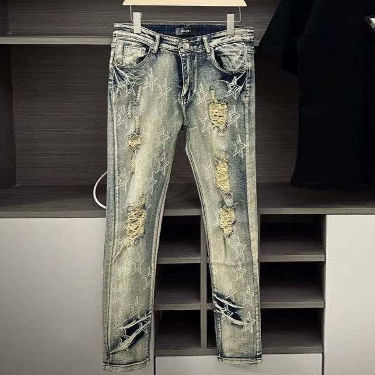 Punk Retro Blue Ripped Slim Elastic Printing Printing And Dyeing Feet Men's Jeans Punk Retro Blue Ripped Slim Elastic Printing Printing And Dyeing Feet Men's Jeans