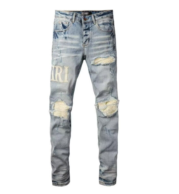 Punk Retro Blue Ripped Slim Elastic Printing Printing And Dyeing Feet Men's Jeans Punk Retro Blue Ripped Slim Elastic Printing Printing And Dyeing Feet Men's Jeans
