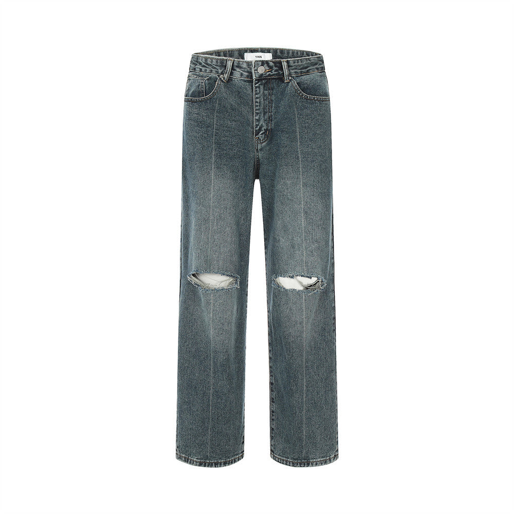 Ripped Knee Jeans Men Straight-leg Trousers Ripped Knee Jeans Men Straight-leg Trousers
