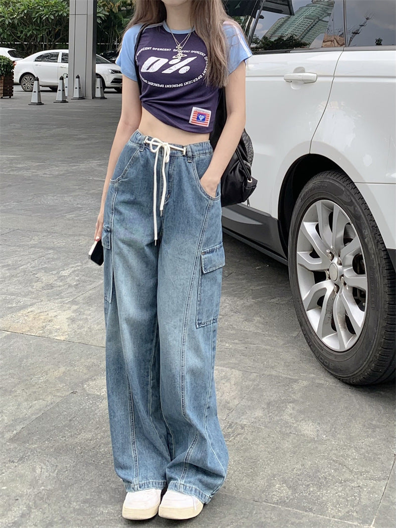 American High Street Drawstring Elastic Waist Jeans Women American High Street Drawstring Elastic Waist Jeans Women