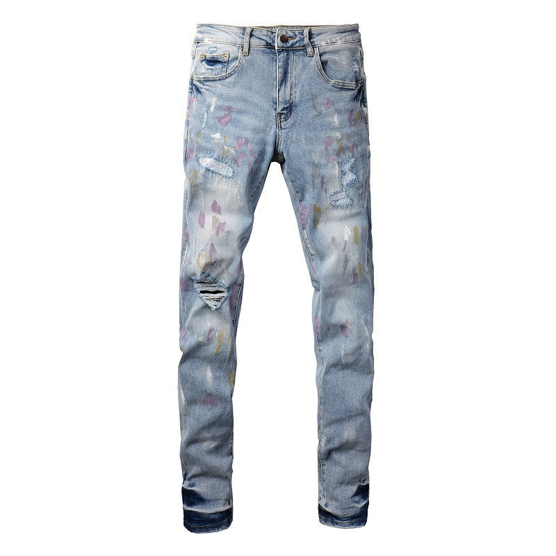European And American Autumn Retro Colorful Paint-splashing Style Graffiti Stretch Men's Jeans European And American Autumn Retro Colorful Paint-splashing Style Graffiti Stretch Men's Jeans