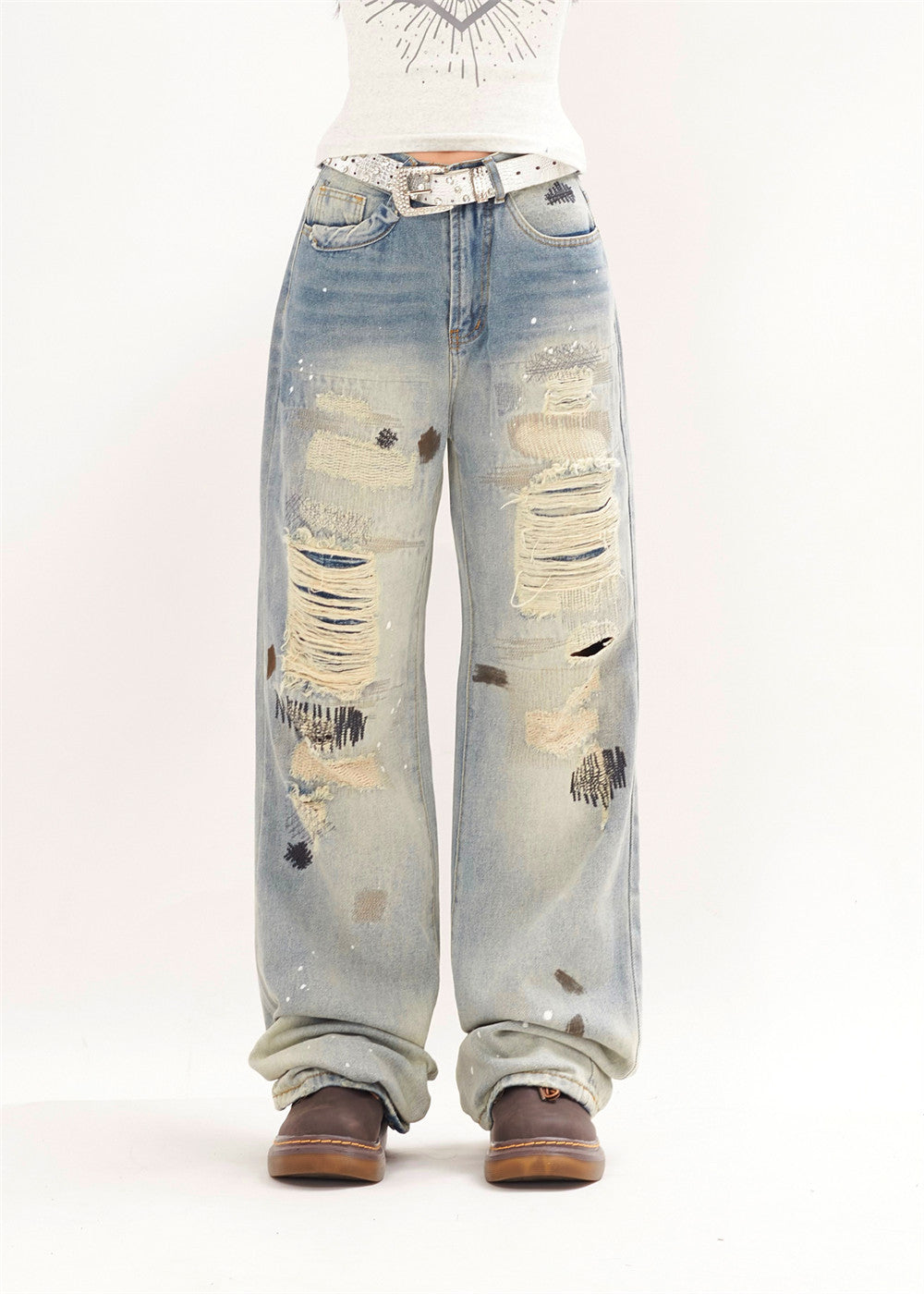 Punk Street Fashion Paint Splash Loose Distressed Beggar Straight-leg Trousers Men And Women Punk Street Fashion Paint Splash Loose Distressed Beggar Straight-leg Trousers Men And Women