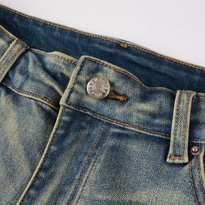 Red Printed Pleated Elastic Light Colored Jeans For Men Red Printed Pleated Elastic Light Colored Jeans For Men