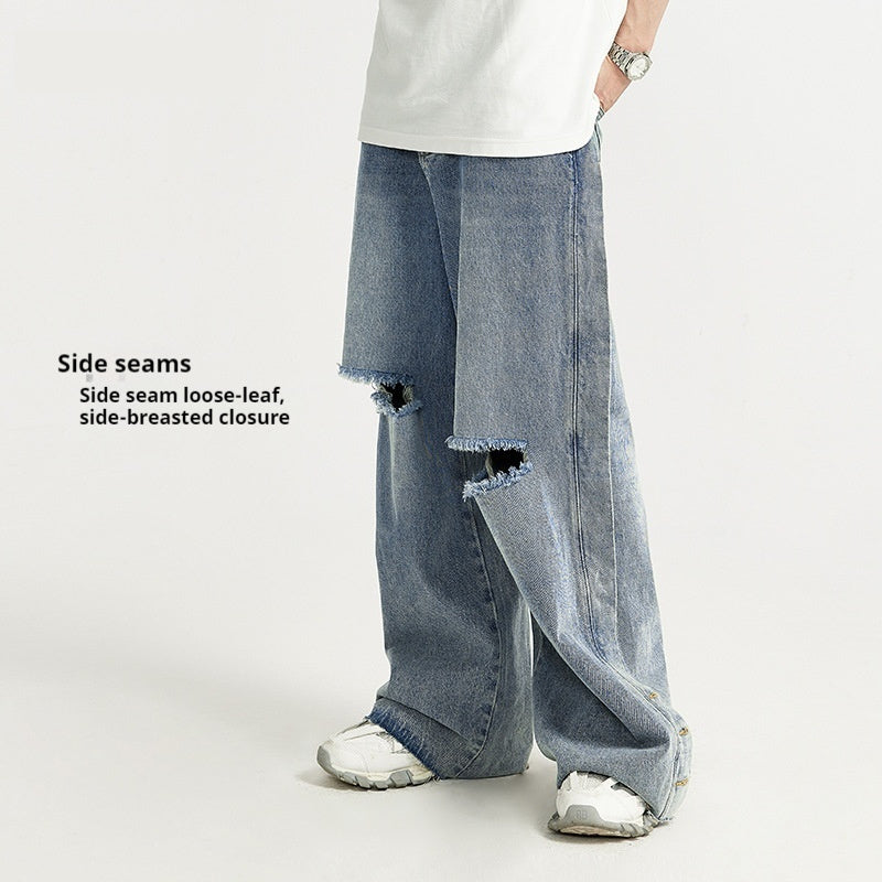 Retro Style Personality Men's Wear Ripped Washed Wide-leg Jeans Retro Style Personality Men's Wear Ripped Washed Wide-leg Jeans