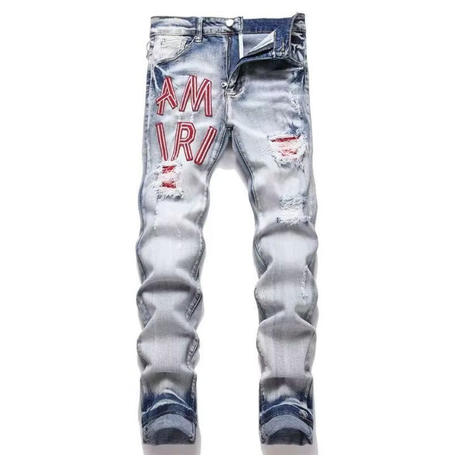 Punk Retro Blue Ripped Slim Elastic Printing Printing And Dyeing Feet Men's Jeans Punk Retro Blue Ripped Slim Elastic Printing Printing And Dyeing Feet Men's Jeans