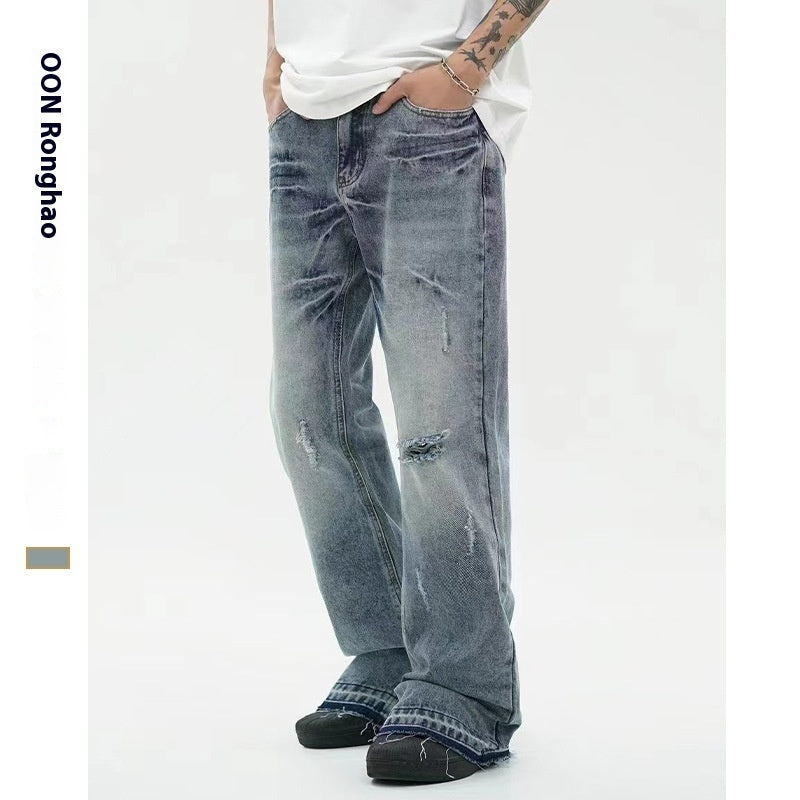 Blue Washed Distressed Summer Style American Style Draping Mopping Floor Wide Leg Trousers Blue Washed Distressed Summer Style American Style Draping Mopping Floor Wide Leg Trousers