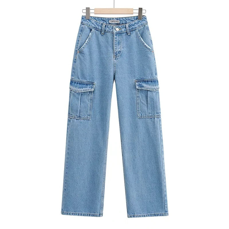 Washed Blue Pocket Decorated High Waist Wide-leg Jeans Women Casual Jeans Washed Blue Pocket Decorated High Waist Wide-leg Jeans Women Casual Jeans