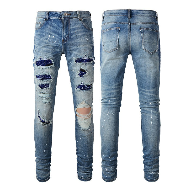 Hot Diamond Speckle Paint Elastic Slim Fit Light Jeans For Men Hot Diamond Speckle Paint Elastic Slim Fit Light Jeans For Men