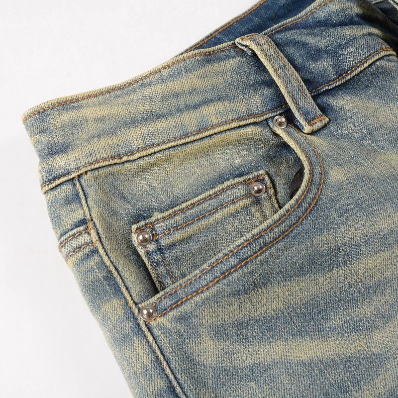 Red Printed Pleated Elastic Light Colored Jeans For Men Red Printed Pleated Elastic Light Colored Jeans For Men
