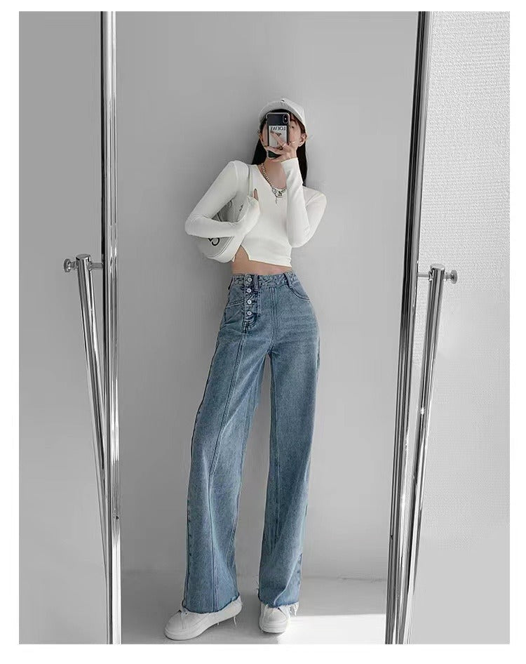 Irregular Breasted High Waist Jeans For Women Straight-leg Trousers Irregular Breasted High Waist Jeans For Women Straight-leg Trousers