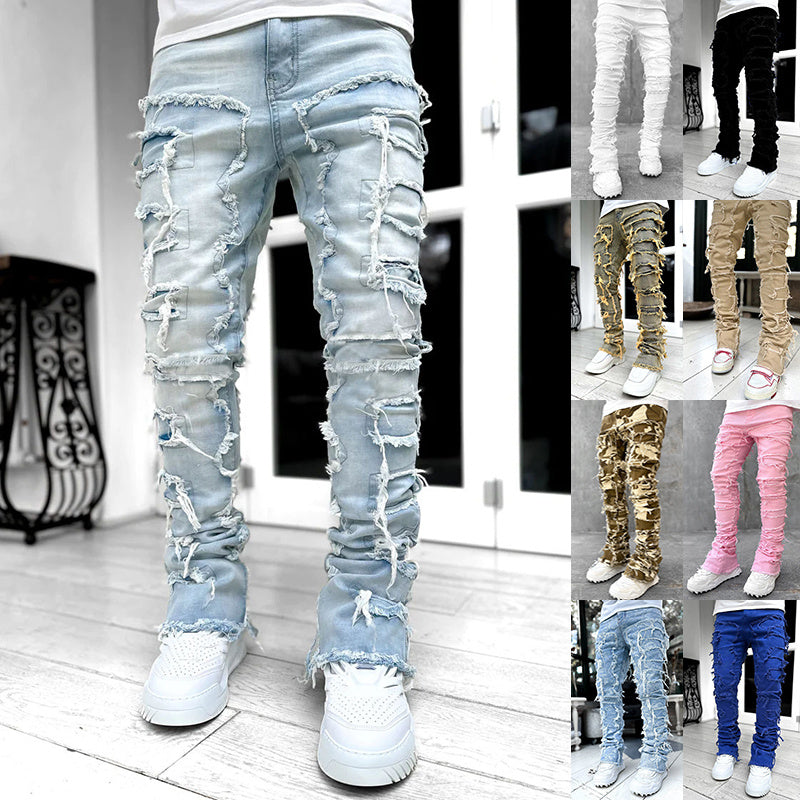 Men Trousers Individual Patched Pants Long Tight Fit Stacked Jeans For Mens Clothing Men Trousers Individual Patched Pants Long Tight Fit Stacked Jeans For Mens Clothing
