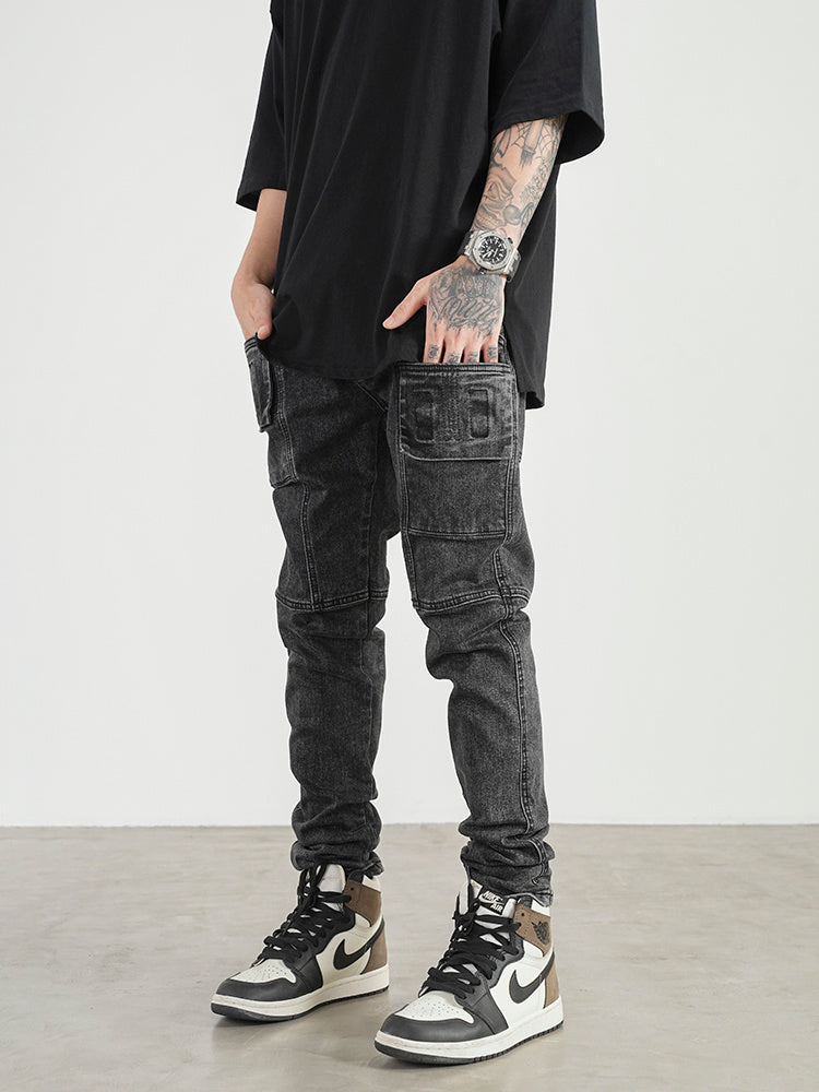High Street Three-dimensional Pocket Stitching Slim Stretch Jeans Men High Street Three-dimensional Pocket Stitching Slim Stretch Jeans Men