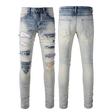 Pleated Color Matching Jeans Blue Embroidered Ripped Snakeskin Slim Fit Skinny Men Pleated Color Matching Jeans Blue Embroidered Ripped Snakeskin Slim Fit Skinny Men
