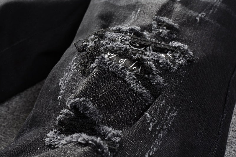 Black Cashew Flower Printed Patch Torn Jeans For Men Black Cashew Flower Printed Patch Torn Jeans For Men