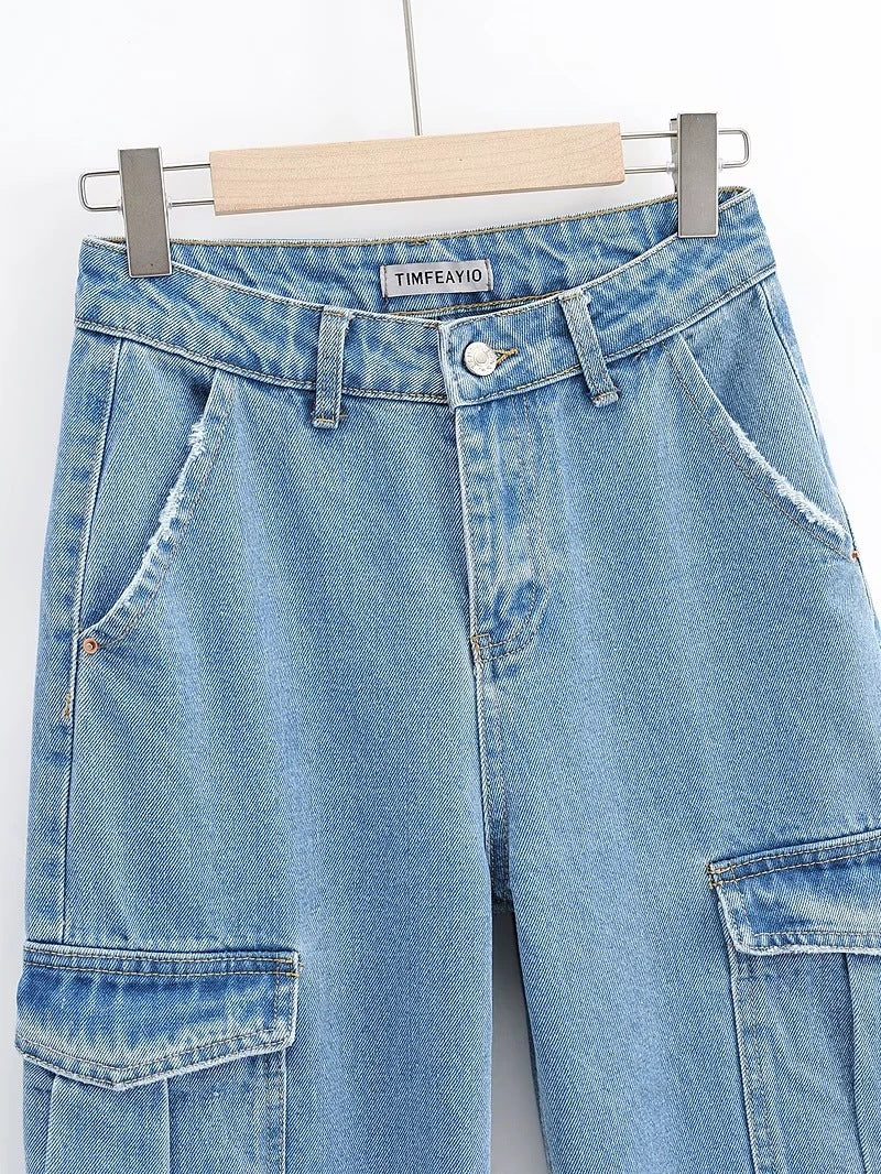 Washed Blue Pocket Decorated High Waist Wide-leg Jeans Women Casual Jeans Washed Blue Pocket Decorated High Waist Wide-leg Jeans Women Casual Jeans
