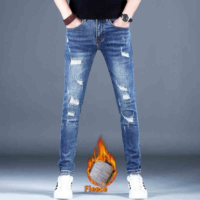 Ripped Fleece Padded Jeans Men's Stretch Casual Slim-fit Pants Ripped Fleece Padded Jeans Men's Stretch Casual Slim-fit Pants