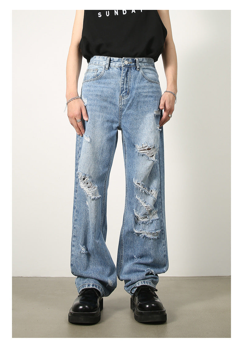 Washed Blue With Holes Straight Jeans For Men Washed Blue With Holes Straight Jeans For Men