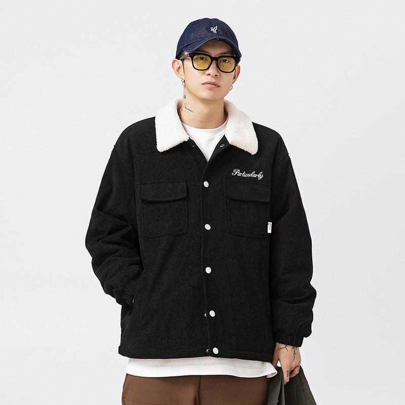 Embroidered Loose Thick Lambswool Lapel Cotton Coat Jacket Embroidered Loose Thick Lambswool Lapel Cotton Coat Jacket