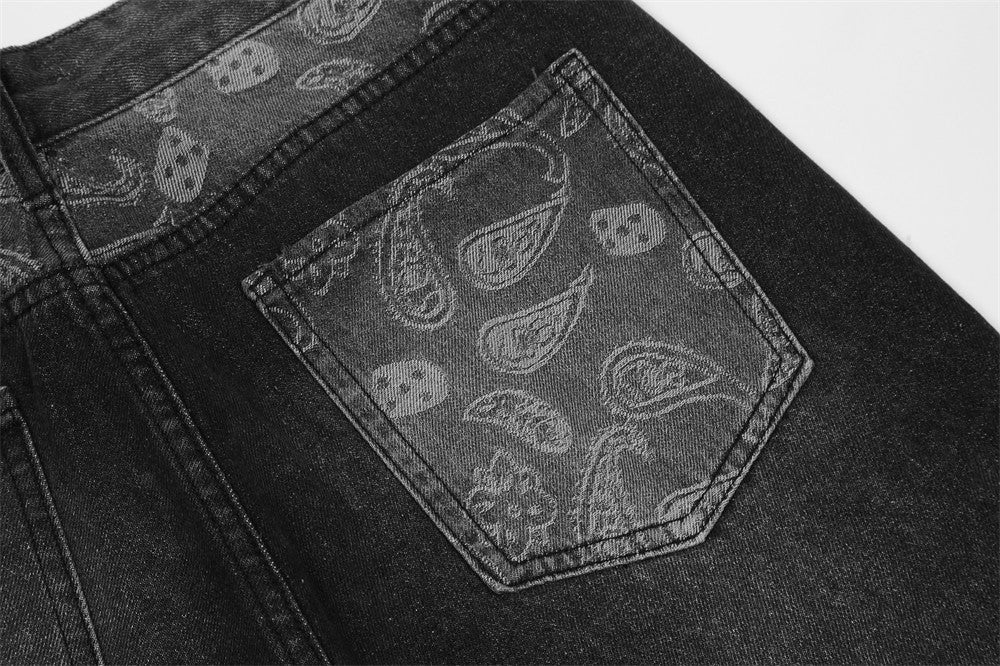 Cashew Flower Patchwork Washed Jeans For Men Cashew Flower Patchwork Washed Jeans For Men