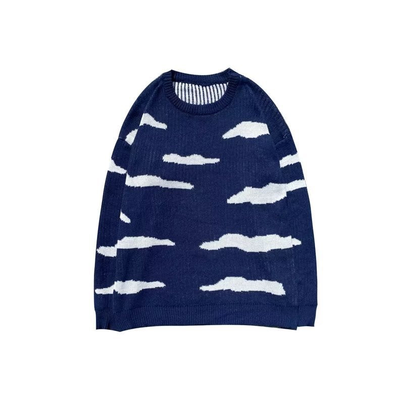 Vintage Blue Sky White Clouds Jacquard Loose-fitting Knitted Sweater Vintage Blue Sky White Clouds Jacquard Loose-fitting Knitted Sweater
