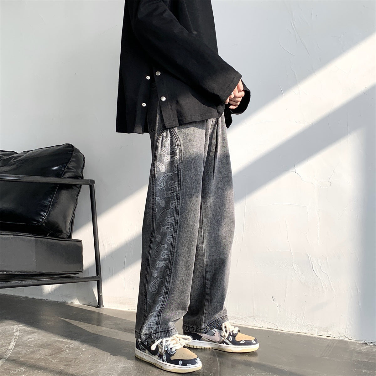 Retro Jeans Ins Men and Women Stitching Cashew Jacquard Loose Wide-leg Straight Pants Drawstring Trousers Tide Retro Jeans Ins Men and Women Stitching Cashew Jacquard Loose Wide-leg Straight Pants Drawstring Trousers Tide