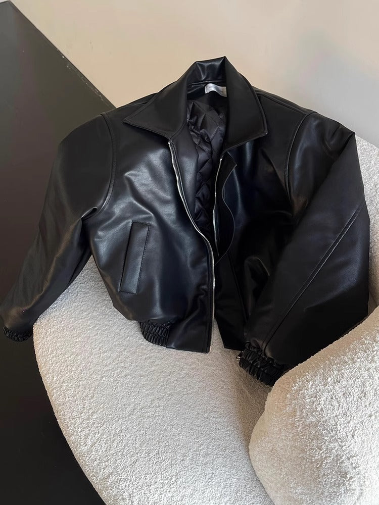 Black PU Leather Padded Shoulder Casual Short Jacket Black PU Leather Padded Shoulder Casual Short Jacket