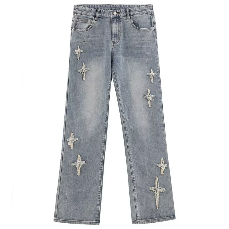 Patch Cross Star Washed American High Street Jeans Men's Loose Straight Embroidered Pants Men Patch Cross Star Washed American High Street Jeans Men's Loose Straight Embroidered Pants Men