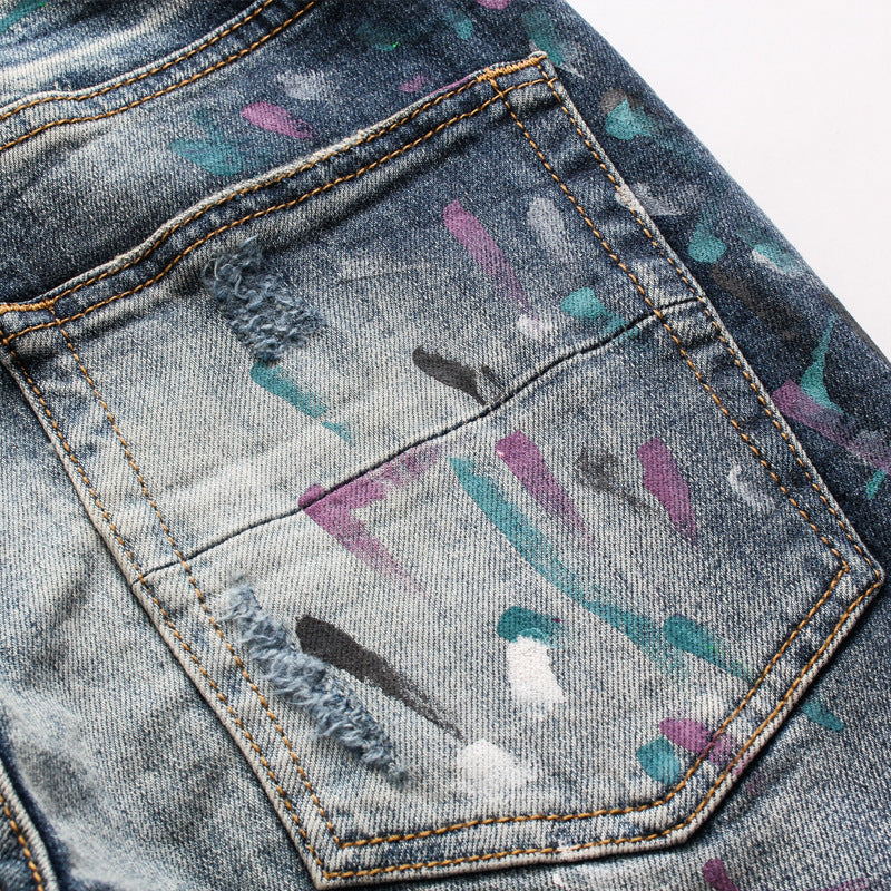 Men's Ripped Patch Jeans Youth Slim Pants Biker Pants Inkjet Personality Men's Ripped Patch Jeans Youth Slim Pants Biker Pants Inkjet Personality